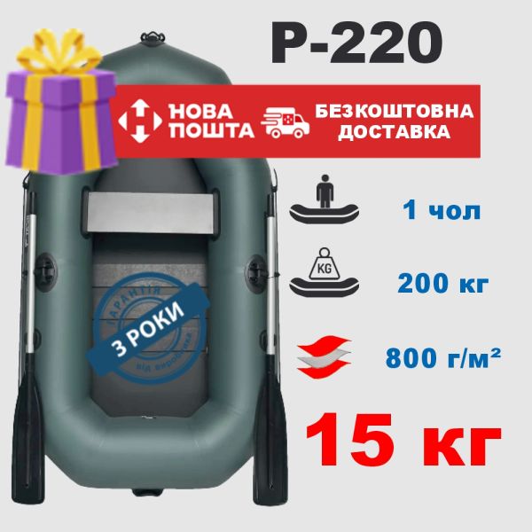 🏆 Лодка ПВХ PROFI P-220 — усиленная одноместная с увеличенной грузоподъемностью (гарантия 3 года)